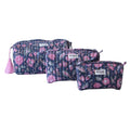 Large, medium, and small sized pink, green and navy blue floral-patterned pouches on a white background.