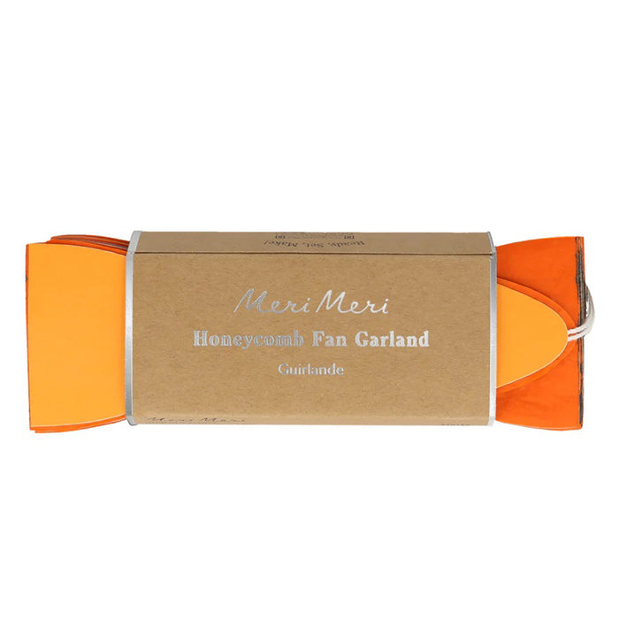 Meri meri black and orange stripe honeycomb fan halloween garland in packaging.