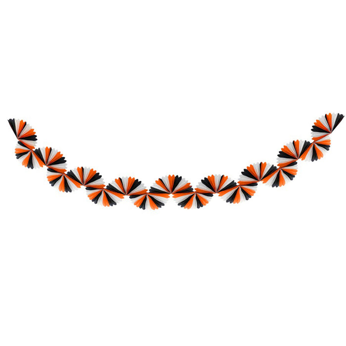 Meri meri black and orange stripe honeycomb fan halloween garland, stretched out.