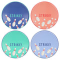 Meri Meri Bowling large paper party dinner plates in 4 colors with bowling pin design and "Strike!".