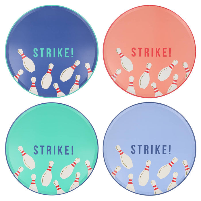 Meri Meri Bowling large paper party dinner plates in 4 colors with bowling pin design and "Strike!".