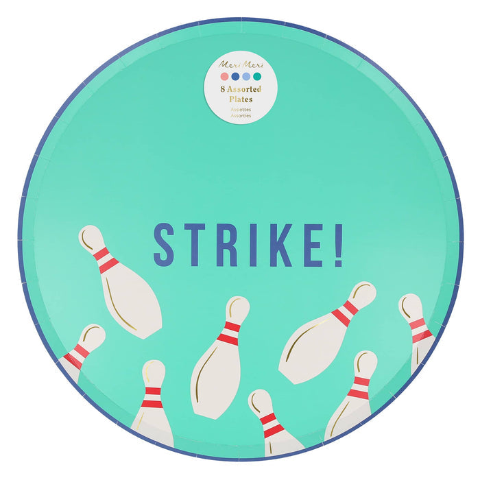 Meri Meri Bowling large paper party dinner plates in 4 colors in packaging.