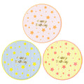 Three colorful striped round party paper plates with 'Happy Birthday' text and star patterns on a white background.