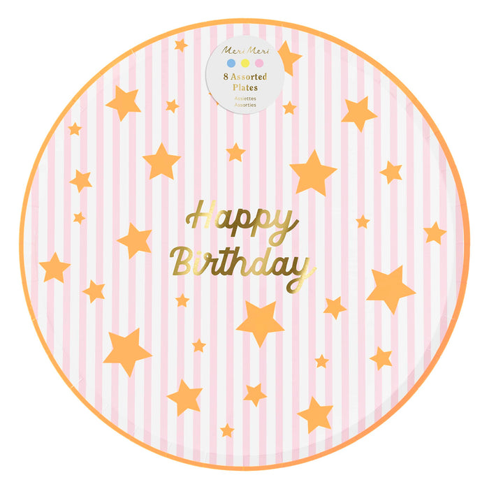 Pack of 8 colorful striped round party paper plates with 'Happy Birthday' text and star patterns, in packaging, on a white background.
