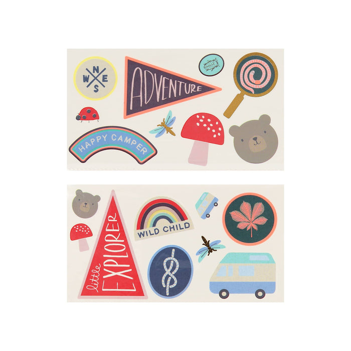 meri meri outdoor camping adventures temporary tattoos, 2 sheets included.