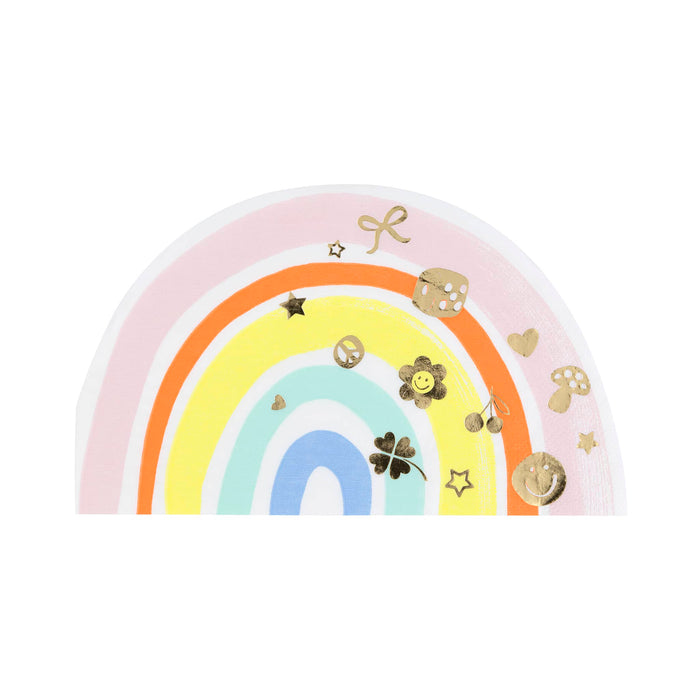 Decorative rainbow shaped paper party napkin with gold foil charm illustrations on a white background.