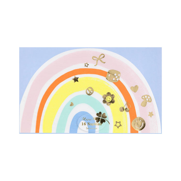 Decorative rainbow shaped paper party napkins with gold foil charm illustrations in packaging, on a white background.