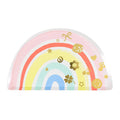 Decorative rainbow shaped paper plate with gold foil charm illustrations on a white background.