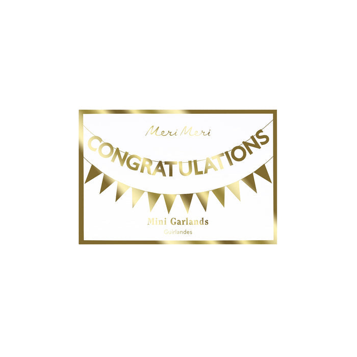 Meri Meri Gold Foil Congratulations Mini Party Garlands, set of 2 in matchbox style packaging, front view.