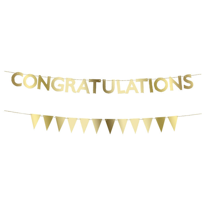 Meri Meri Gold Foil Congratulations Mini Party Garlands, set of 2, full length shown.