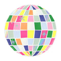 Colorful round disco ball paper party plate on a white background.