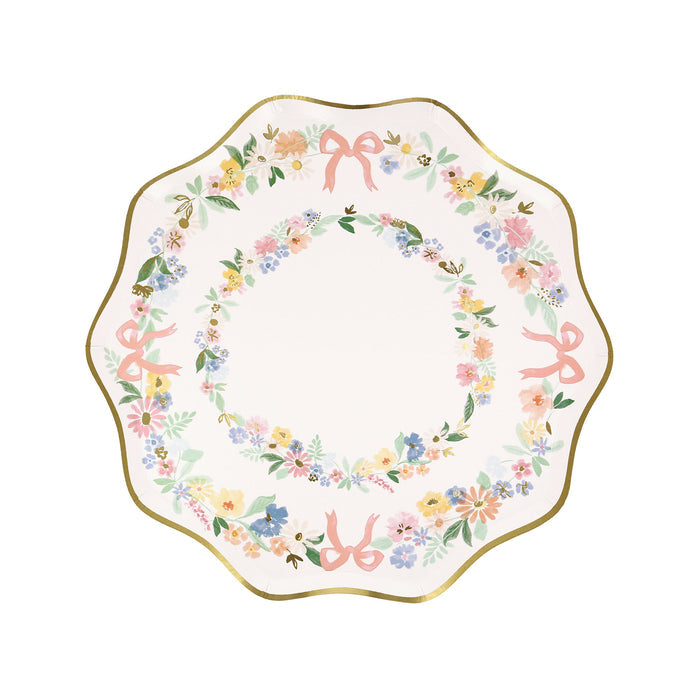 Meri Meri Elegant Floral paper party small plate with wavy edge and gold foil details.