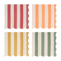 Four square large paper napkins with scalloped edges arranged in a 2x2 grid, each featuring vertical stripes in different colorways: red and white, orange and white, mustard yellow and white, and sage green and white.
