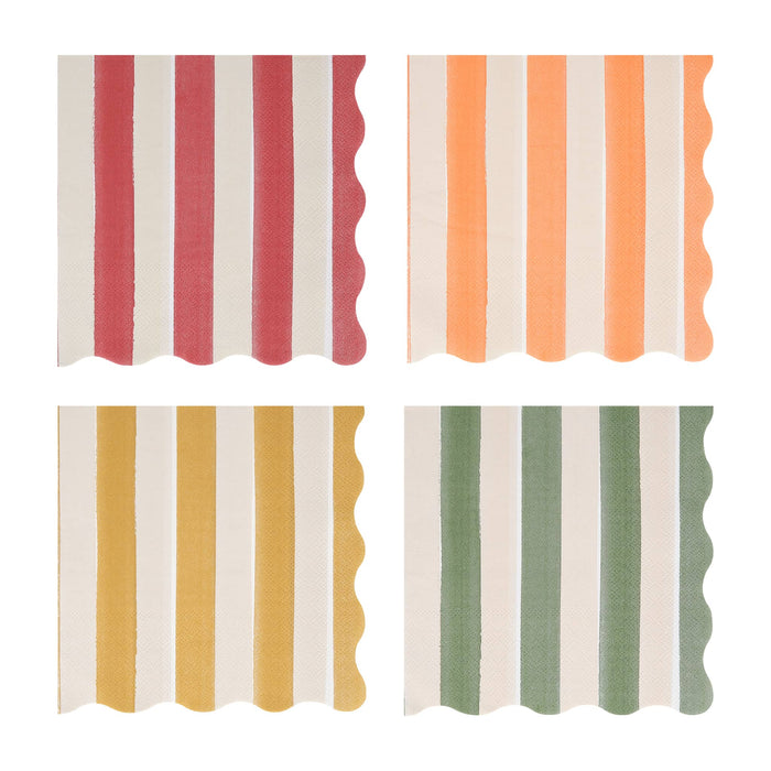 Four square large paper napkins with scalloped edges arranged in a 2x2 grid, each featuring vertical stripes in different colorways: red and white, orange and white, mustard yellow and white, and sage green and white.