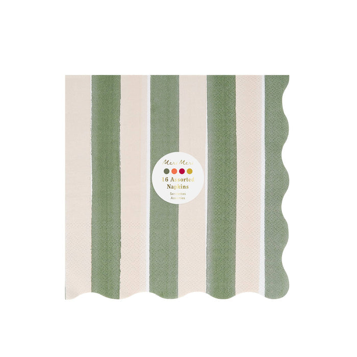 A square paper napkin with a scalloped edge, featuring vertical stripes in sage green and a warm cream color. A circular white label is centered on the napkin, displaying the brand 'Meri Meri' and the text '16 Assorted Napkins'.