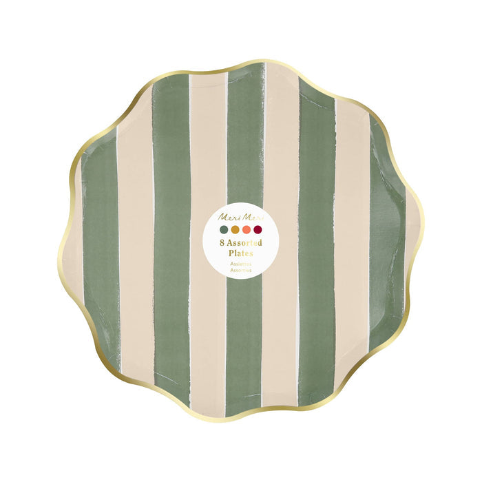 A scalloped paper plates with vertical stripes in sage green and cream, finished with a gold metallic rim. A white circular label that says "Meri Meri 8 Assorted Plates" is centered on the plate, shown on a white background.