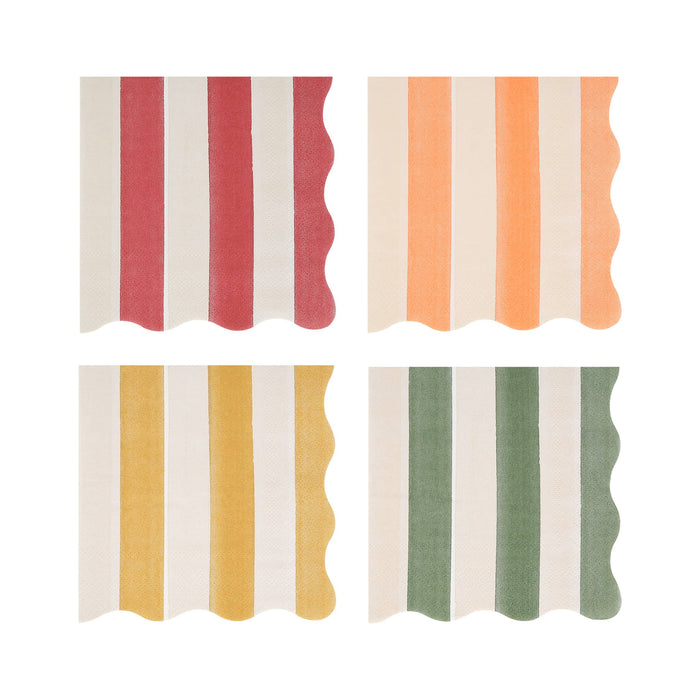 Four square small paper napkins with scalloped edges arranged in a 2x2 grid, each featuring vertical stripes in different colorways: red and white, orange and white, mustard yellow and white, and sage green and white.