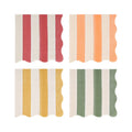Four square small paper napkins with scalloped edges arranged in a 2x2 grid, each featuring vertical stripes in different colorways: red and white, orange and white, mustard yellow and white, and sage green and white.