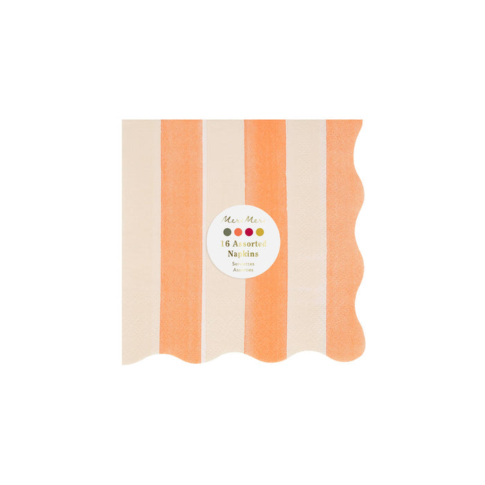 A square small paper napkin with vertical stripes in orange and cream, featuring a white circular label in the center that reads 'Meri Meri 16 Assorted Napkins," shown on a white background.