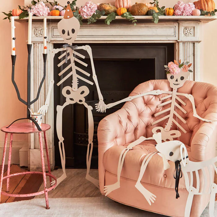 Meri Meri Giant Jointed Skeletons halloween decoration in room setting.