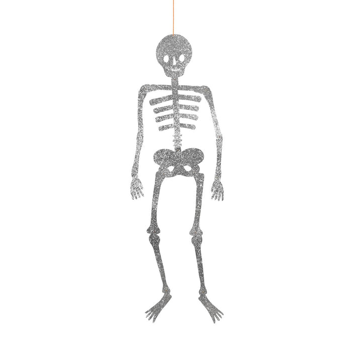 A glittery silver hanging skeleton decoration on a solid white background.