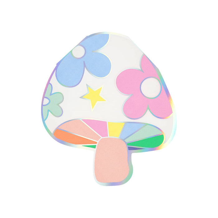 Colorful mushroom-shaped paper napkin with flowers and a star, on a white background.