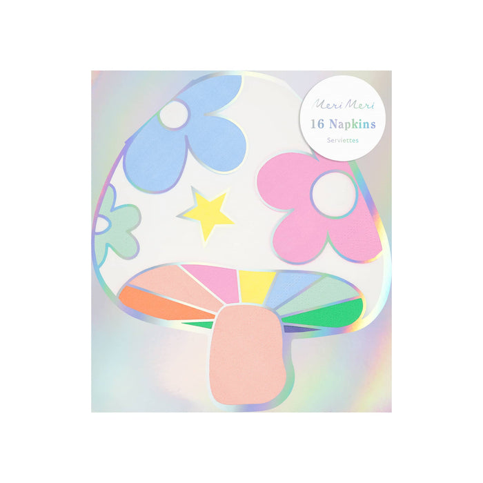 Pack of colorful mushroom-shaped paper napkin with flowers and a star, on a white background.