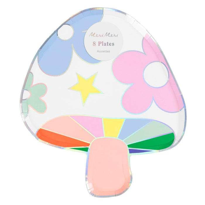 Colorful mushroom-shaped paper plate set with floral and star designs on a white background.