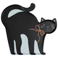 A black cat-shaped melamine serving tray with blue eyes, pink nose and ears, and an orange bow around its neck, front view shown on a plain white background.