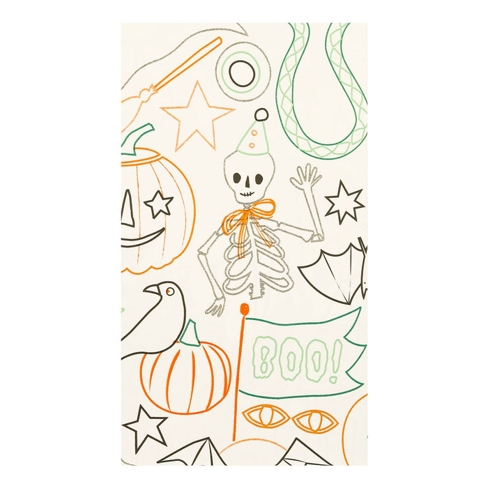 Meri Meri Halloween Color in Activity paper party tablecloth, detail with skeleton.