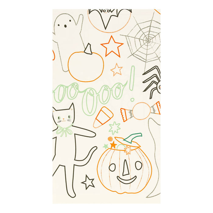 Meri Meri Halloween Color in Activity paper party tablecloth, detail with pumpkin.