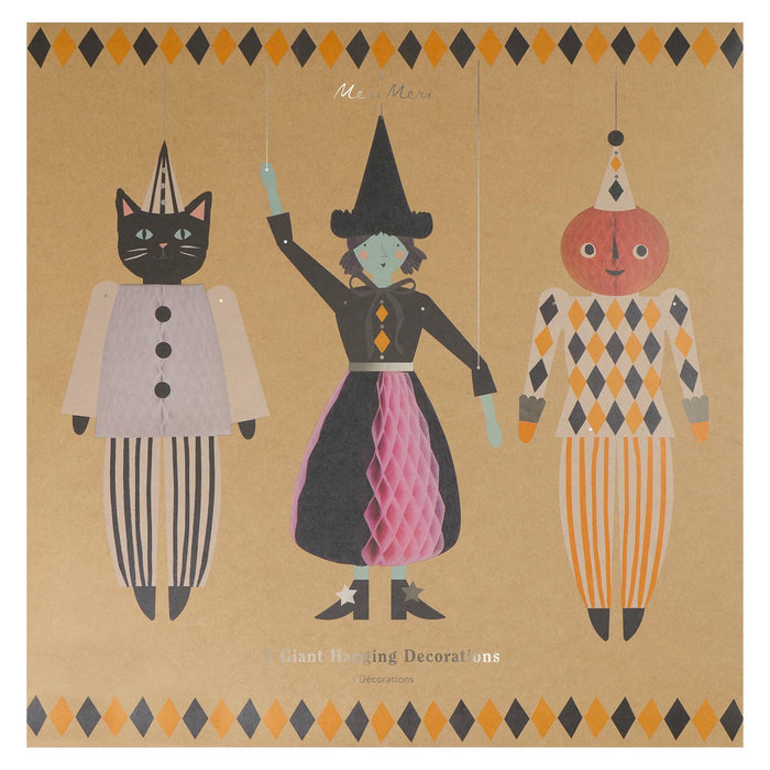 Front of brown kraft packaging for Halloween paper decorations with a photo of included characters inside, on a white background.