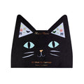 Black cat-shaped envelope for a 62 pair stick on earrings set by Meri Meri, featuring light blue eyes, white whiskers, and decorated inner ears with Halloween-themed illustrations.