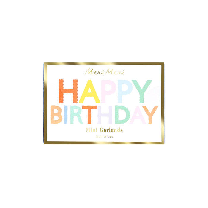 Meri Meri Happy Birthday mini colorful party garlands in matchbox style packaging, front view.