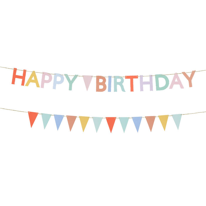 Meri Meri Happy Birthday mini colorful party garlands, set of two, full length shown.