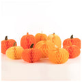 Set of 10 honeycomb decorative pumpkins in different shapes and sizes, in light orange and dark orange.