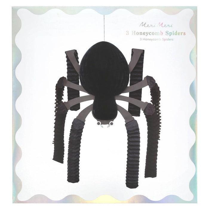 Honeycomb spiders Halloween decor in packaging, on a white background.