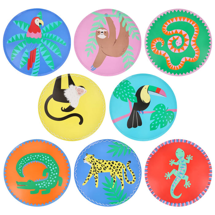 Set of 8 colorful large paper party dinner plates with tropical animal illustrations, on a white background.