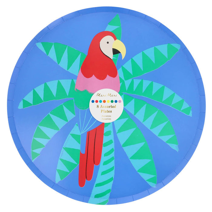Pack of 8 colorful assorted large paper party dinner plates with tropical animal illustrations, in packaging, on a white background.