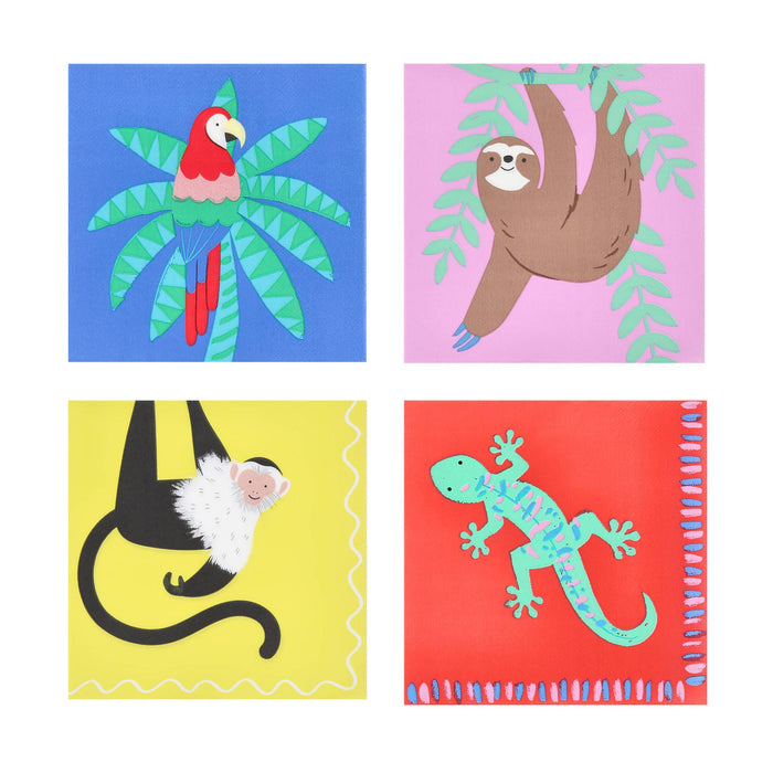 Set of 4 colorful large paper party napkins with tropical animal illustrations, on a white background.