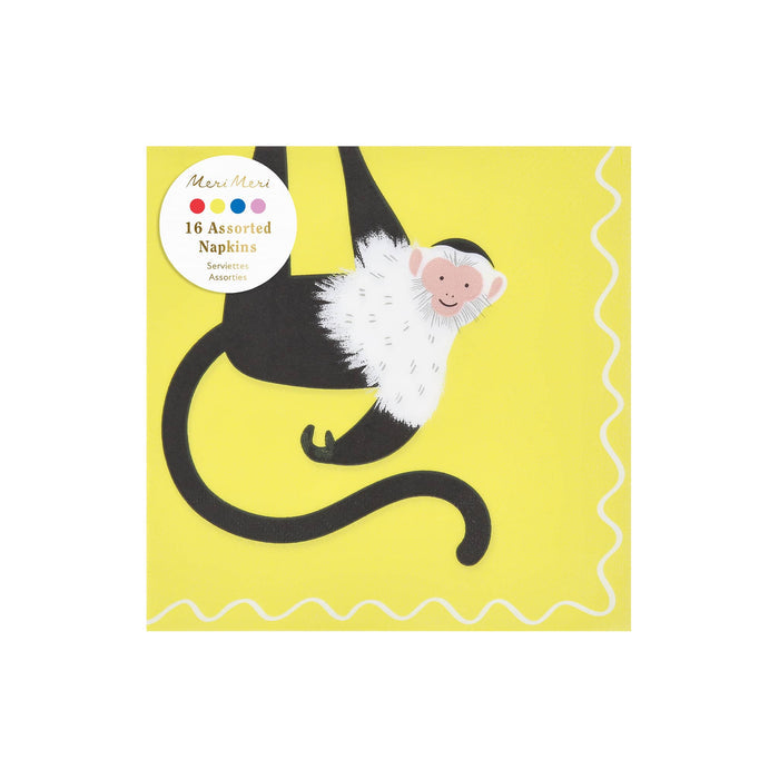 Pack of 16 colorful large paper party napkins with tropical animal illustrations, in packaging, on a white background.