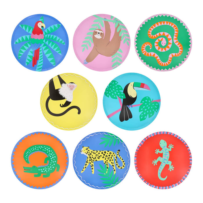 Set of 8 colorful small paper party plates with tropical animal illustrations, on a white background.