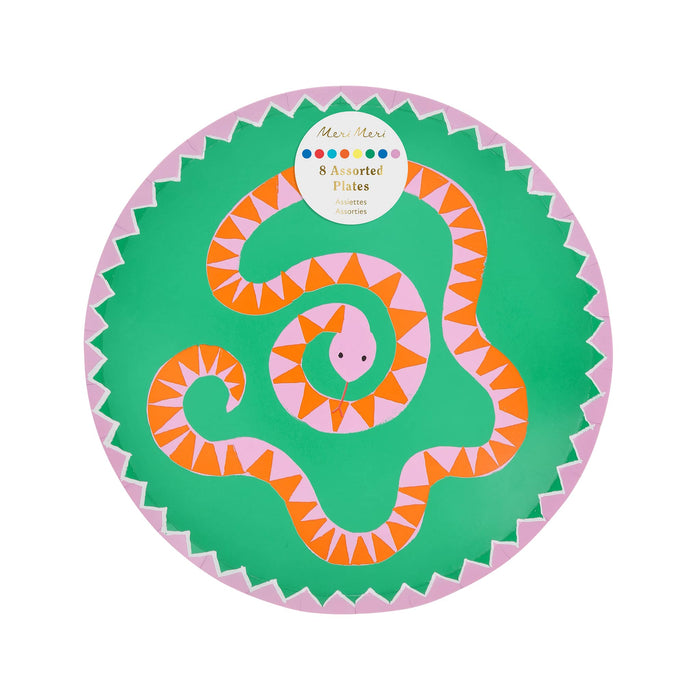 Pack of 8 colorful small paper party plates with tropical animal illustrations, on a white background.
