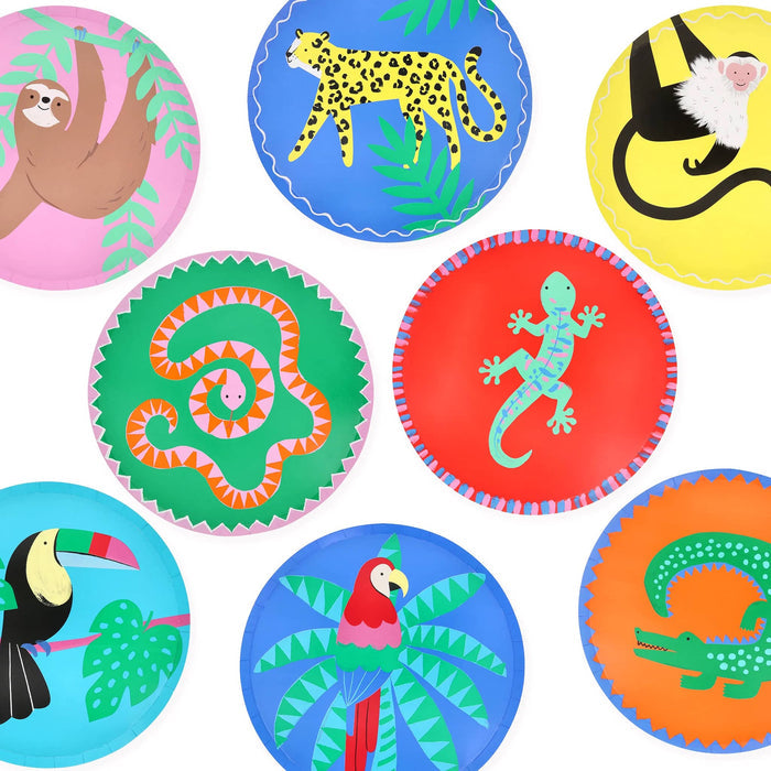 Colorful small paper party plates with tropical animal illustrations, on a white background.