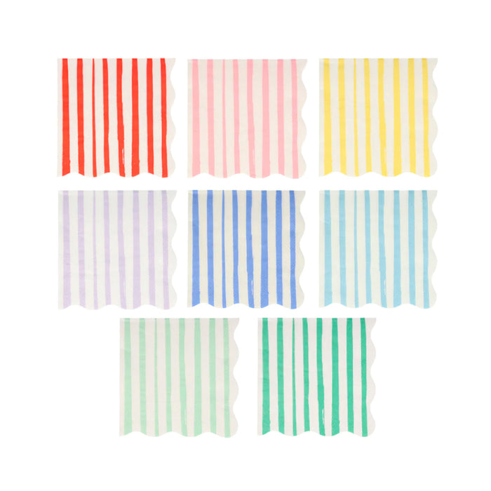 meri meri small napkins folded with 2 scalloped edges and stripes in red and white, pink and white, yellow and white, lilac and white, blue and white, aqua and white, mint green and white and green and white