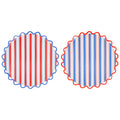 Two large red, white, and blue striped paper plates with wavy edges, on a white background.