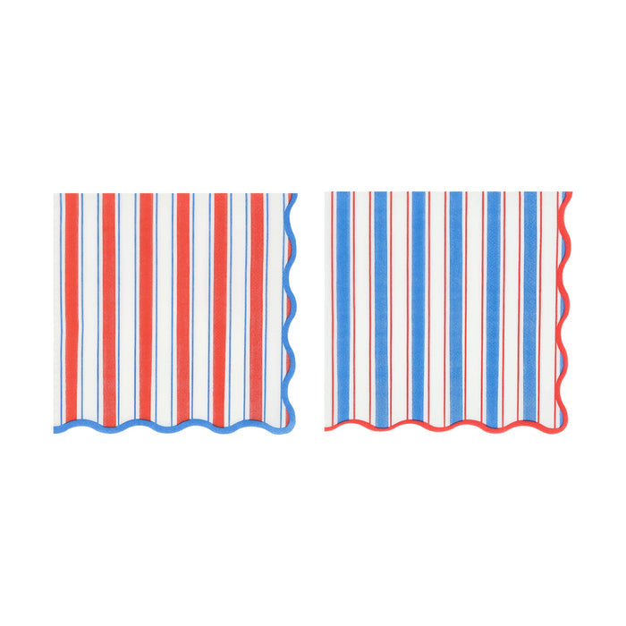 Two red, white, and blue striped paper napkins with scalloped edge, on a white background.