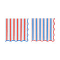 Two red, white, and blue striped paper napkins with scalloped edge, on a white background.