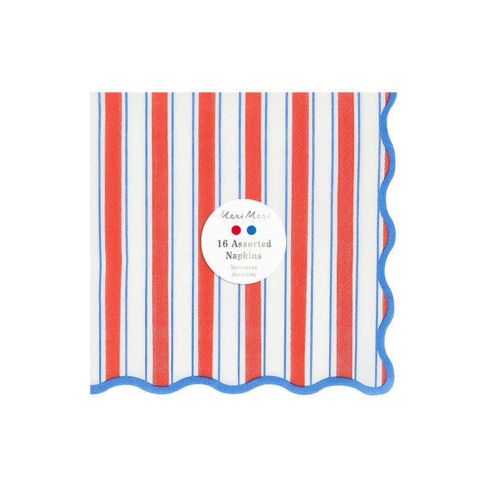 Packaging of red, white, and blue striped napkins with a label on a white background.