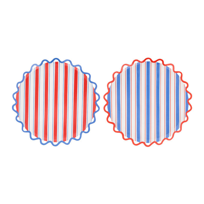 Two small red, white, and blue striped paper plates with wavy edges, on a white background.